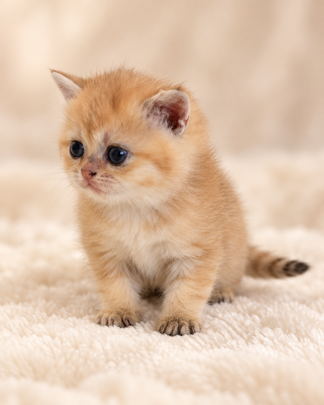 Butterscotch, a Golden British Shorthair kitten, looking at the camera