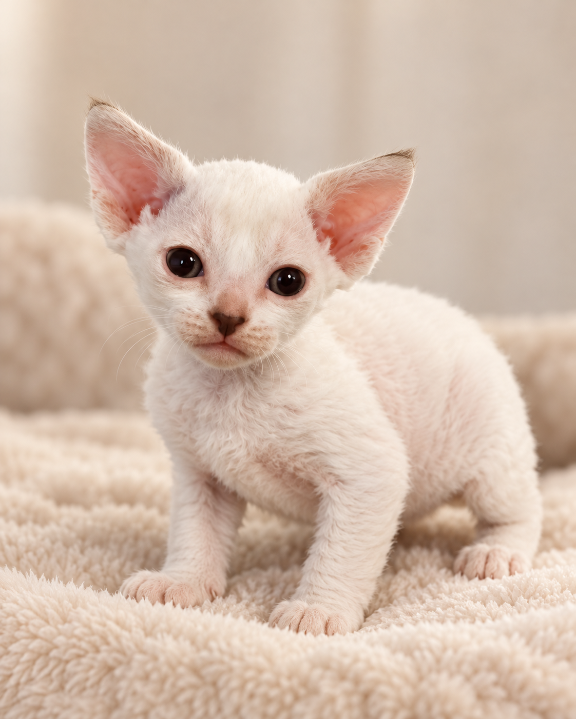Coconut, a white seal Devon Rex kitten, standing and looking at the camera