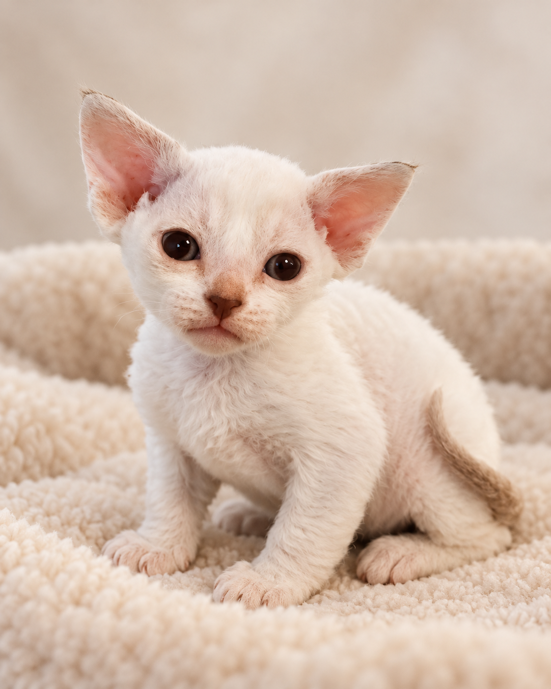 Coconut sitting, showing his curly coat