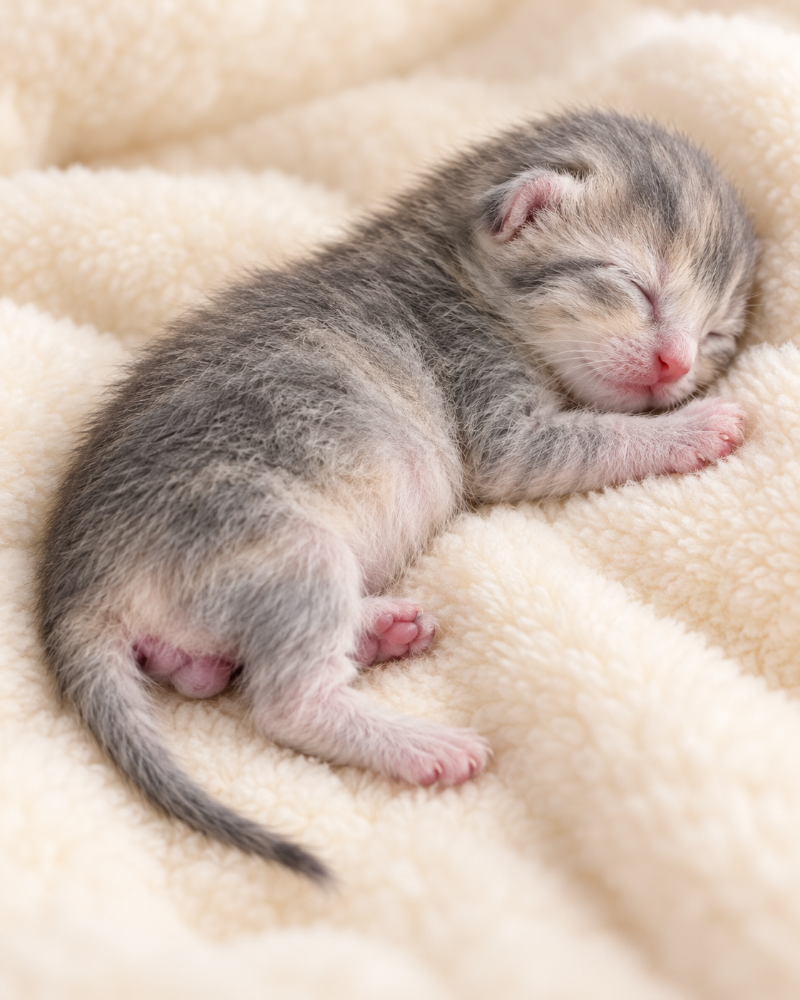 Cream, a newborn blue cream tabby British Shorthair kitten, asleep on a soft cream blanket