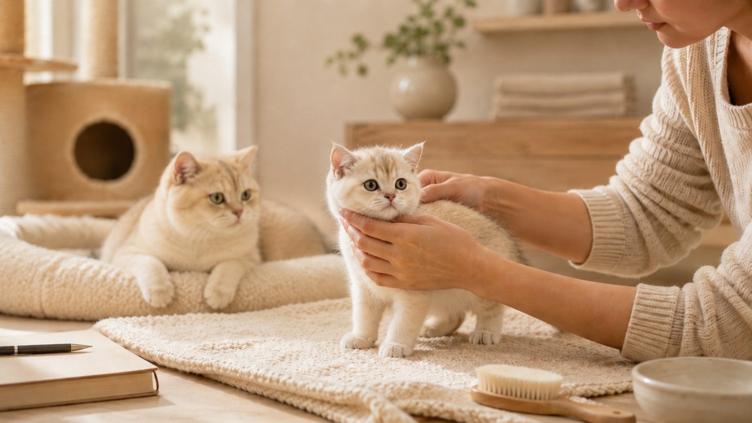 A breeder gently handling a British Shorthair kitten beside its mother