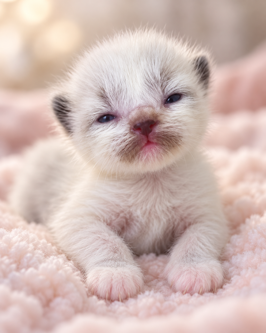 Latte, a seal mitted Ragdoll kitten, lying on a soft pink blanket
