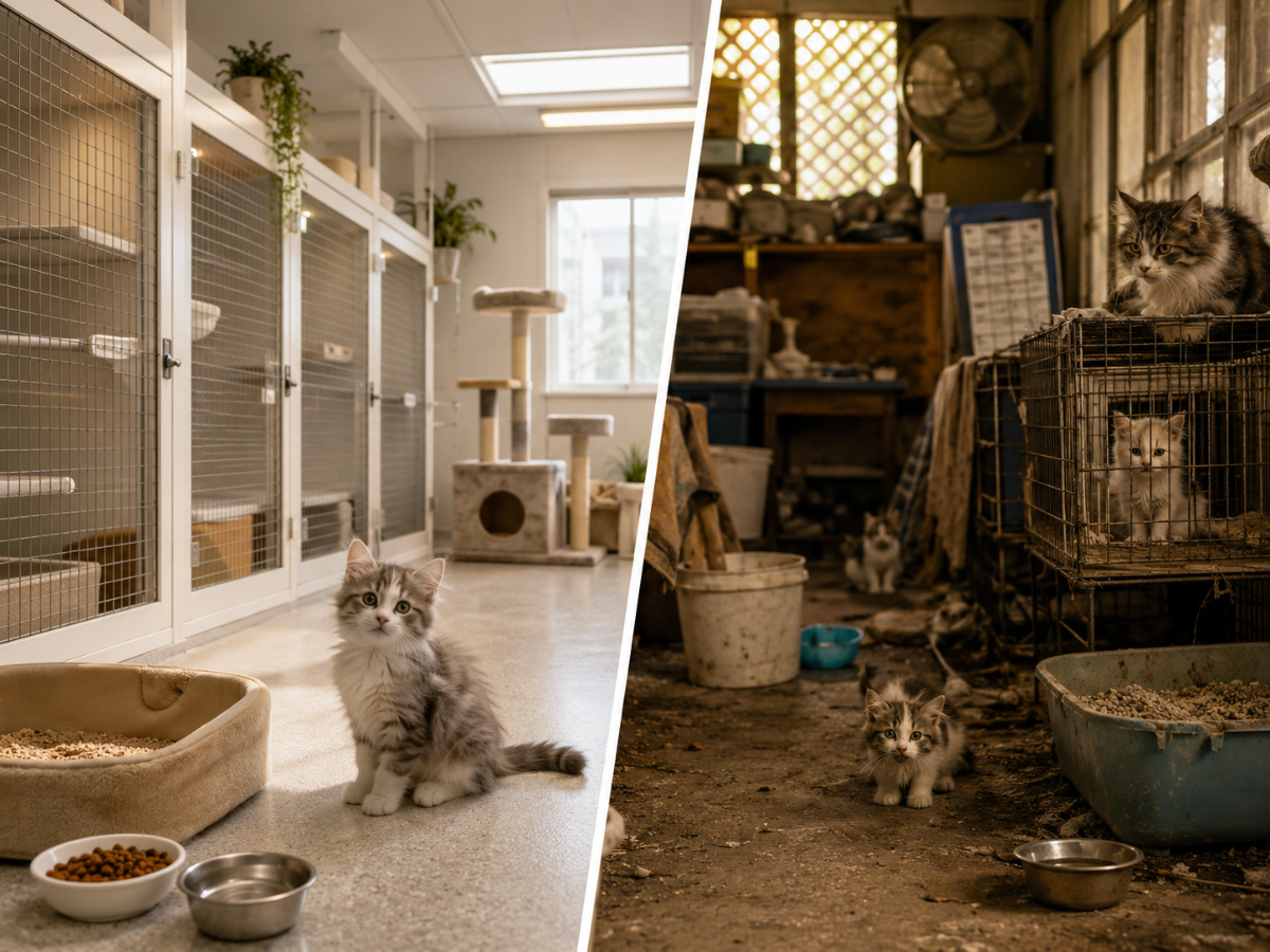 A clean, licensed cattery beside a cluttered backyard breeder setup