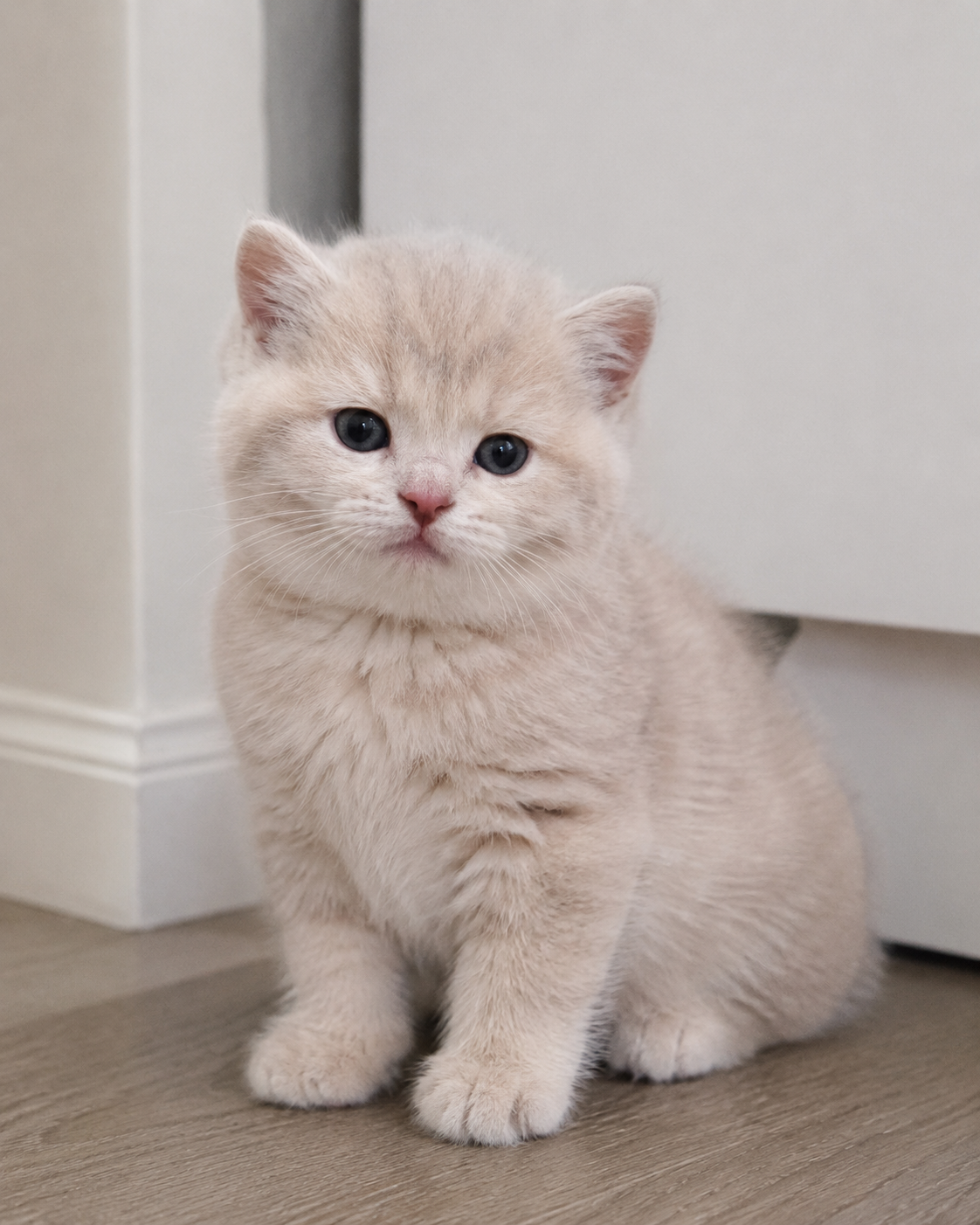 Marshmallow, a Lilac British Shorthair kitten, looking at the camera