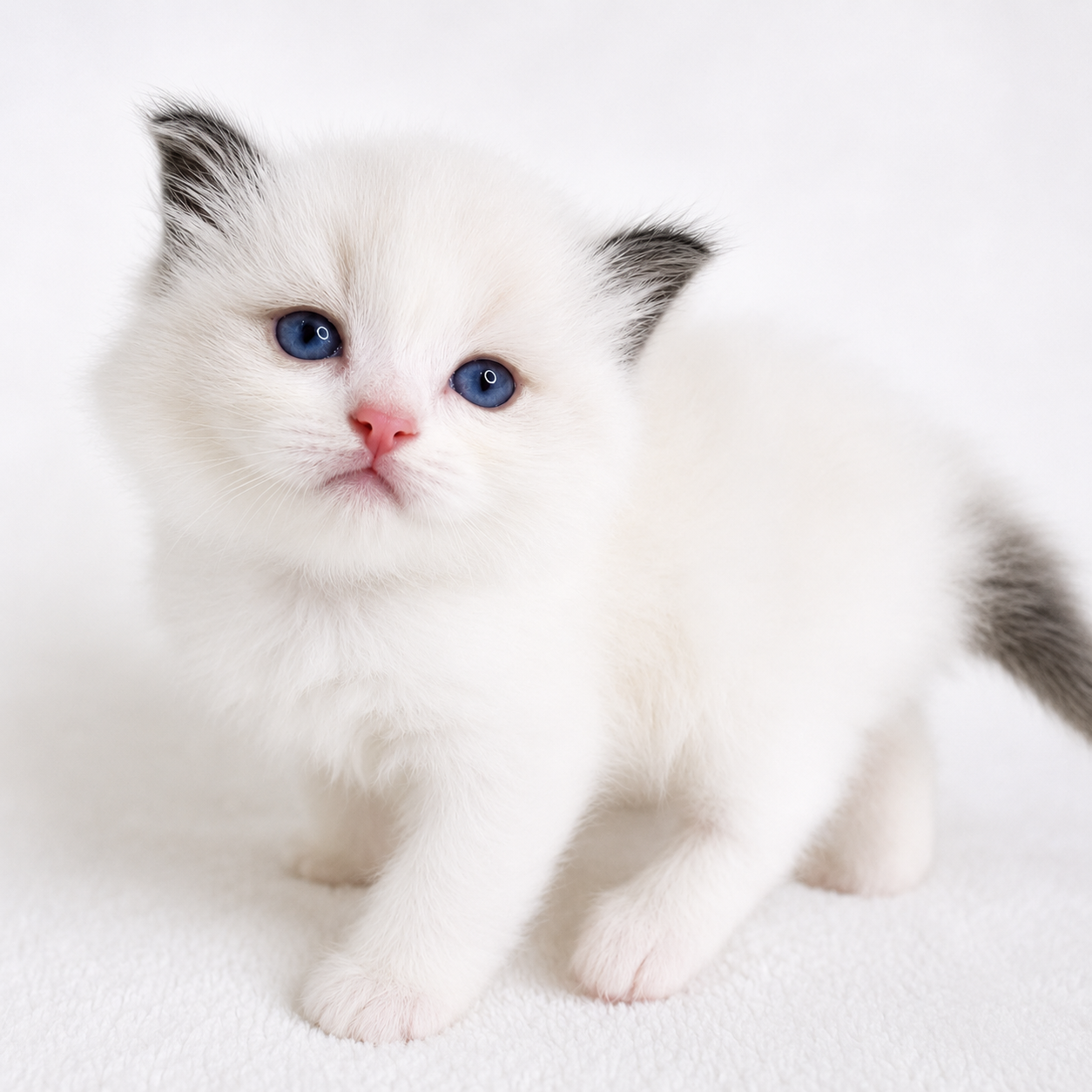 Maver, a Blue Bicolor Ragdoll kitten, looking at the camera