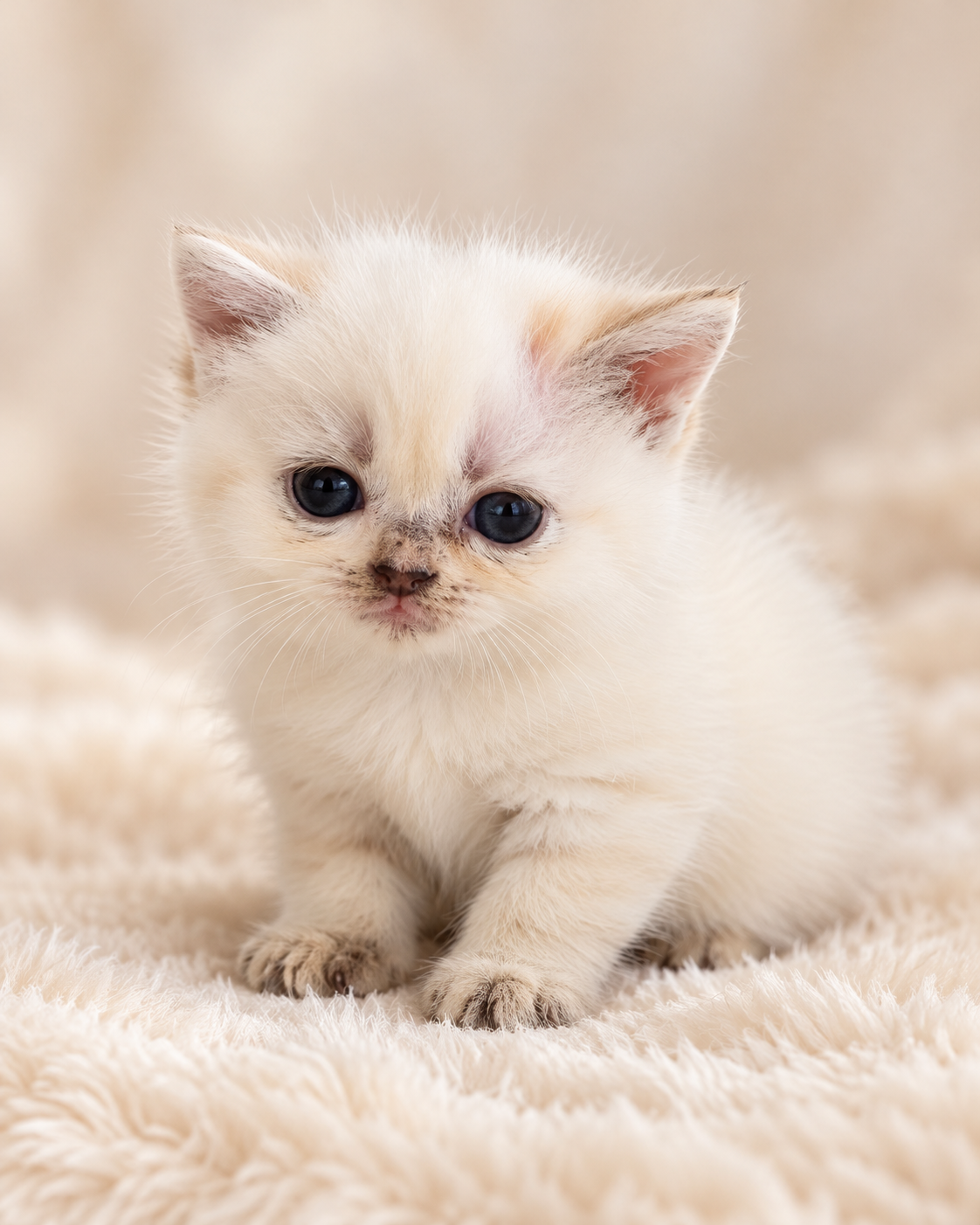 Mochi, a White British Shorthair kitten, looking at the camera