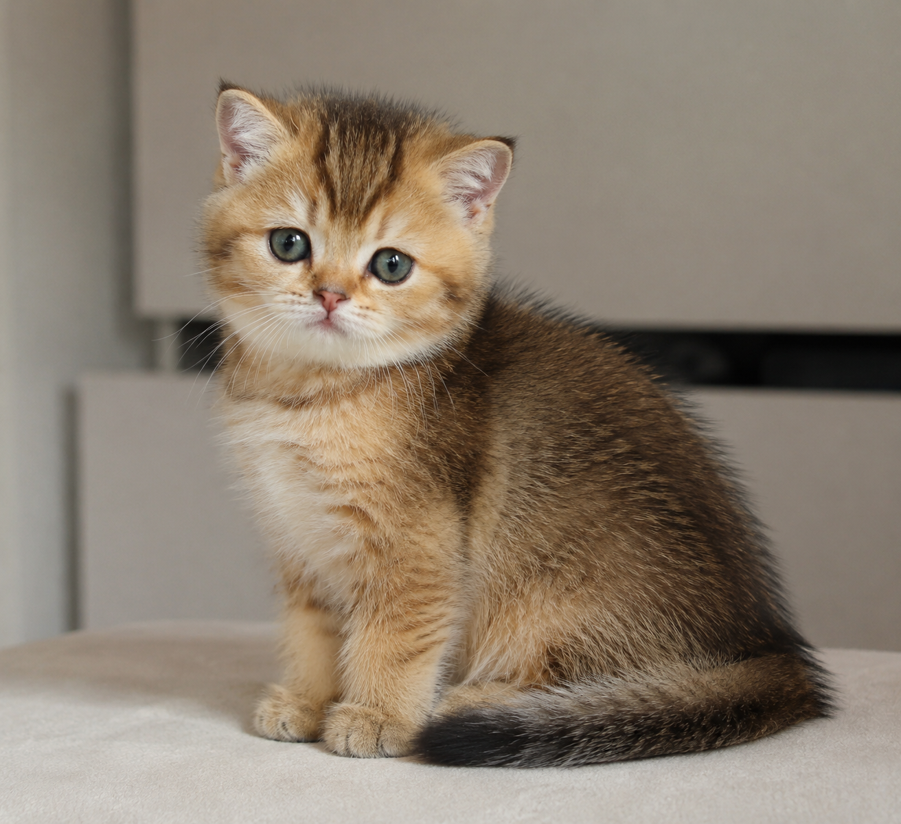 Muffin, a Black Golden British Shorthair kitten, looking at the camera