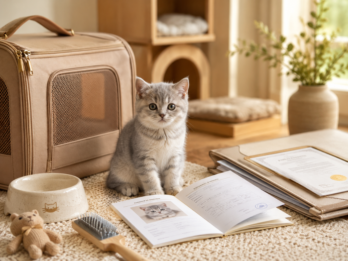 British Shorthair kitten beside its starter kit, health booklet and pedigree papers at Meowtelier Singapore