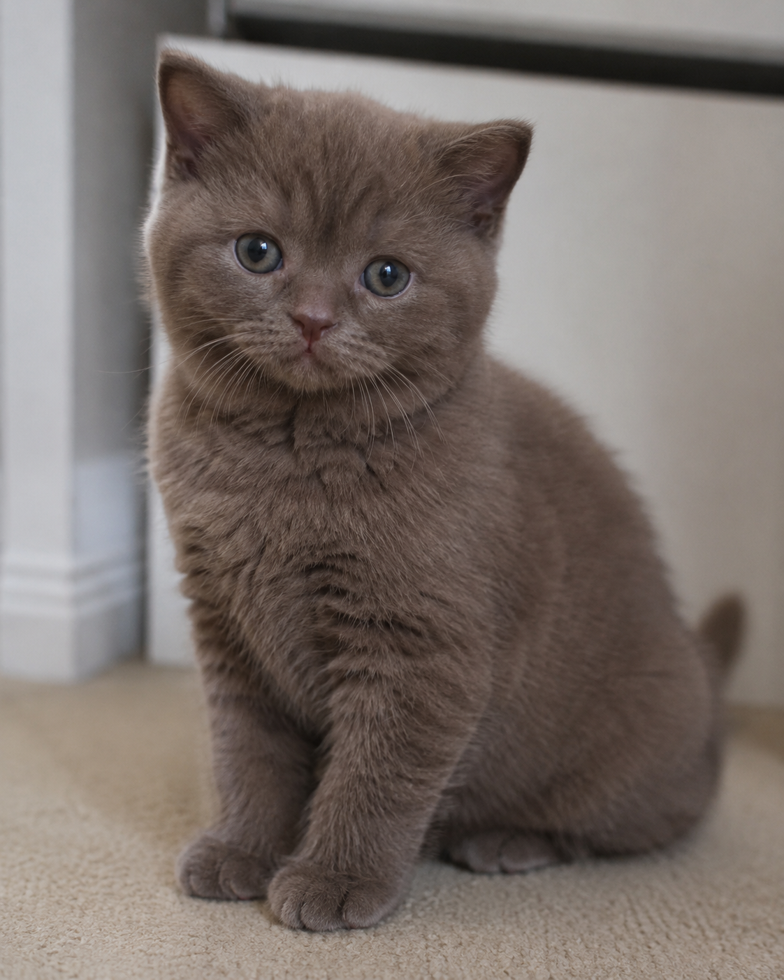 Pudding, a Cinnamon British Shorthair kitten, looking at the camera