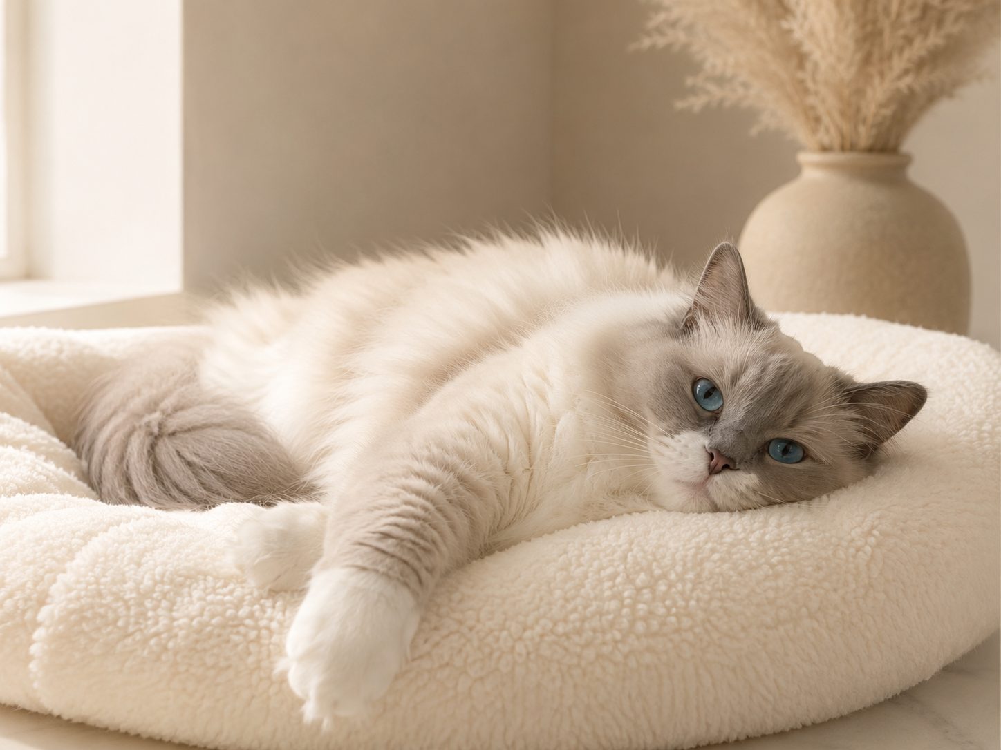 A blue-point Ragdoll cat with blue eyes