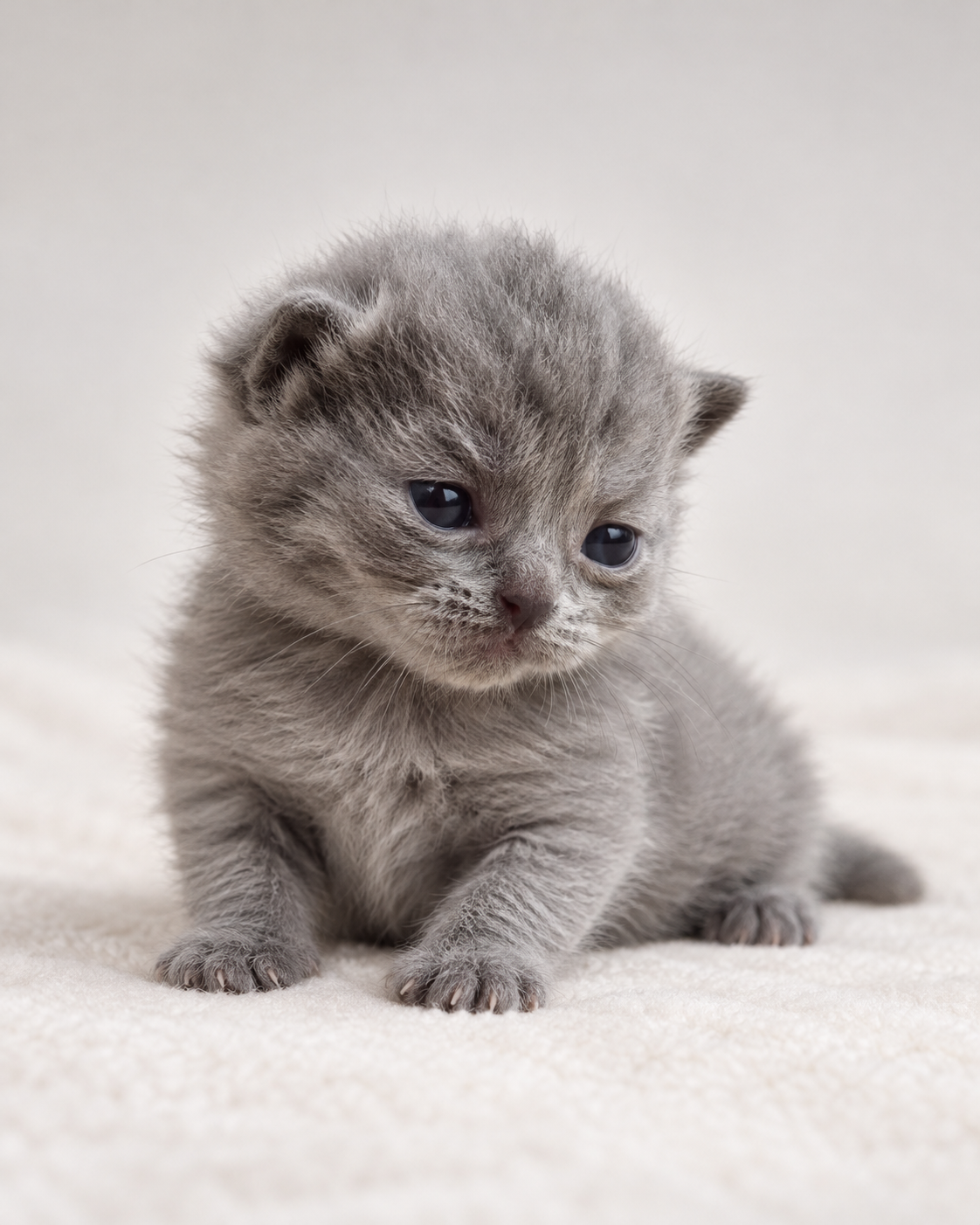 Sesame, a Blue British Shorthair kitten, looking at the camera