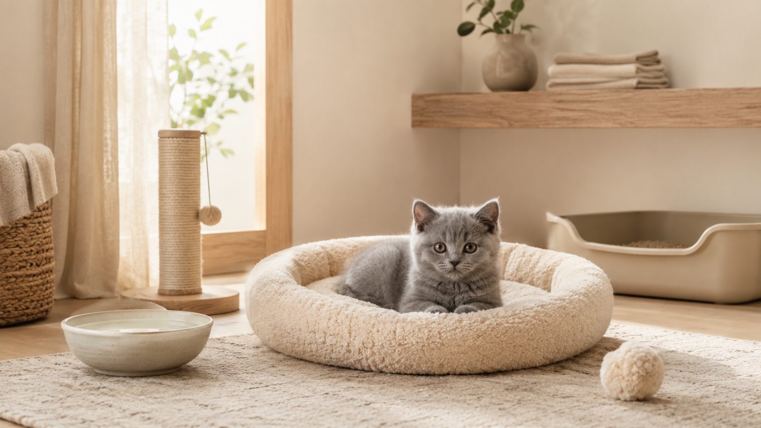 A British Shorthair kitten resting in its bed in a calm, prepared room