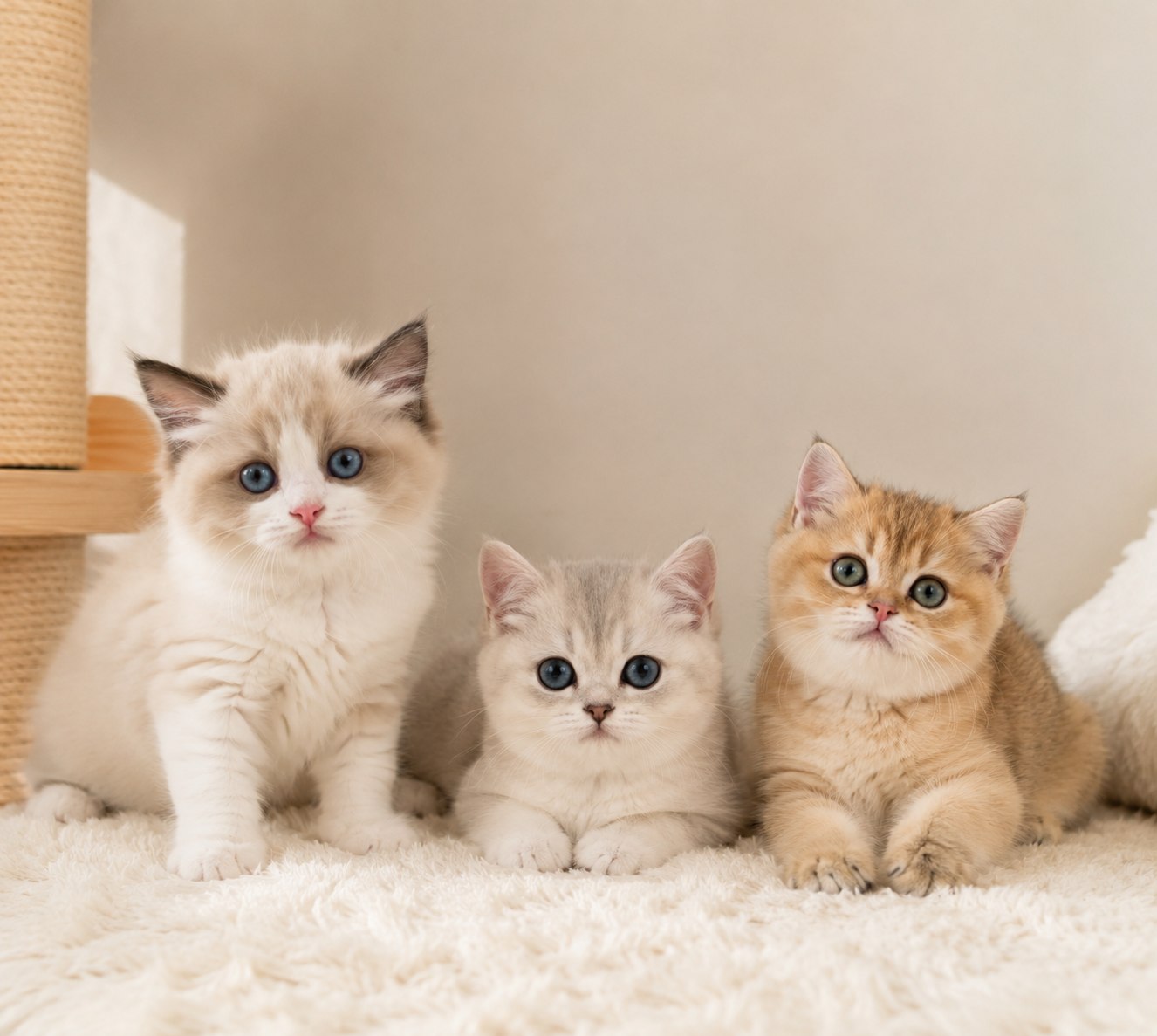 Three pedigree kittens — a Ragdoll, a silver shaded and a golden British Shorthair — at Meowtelier Singapore