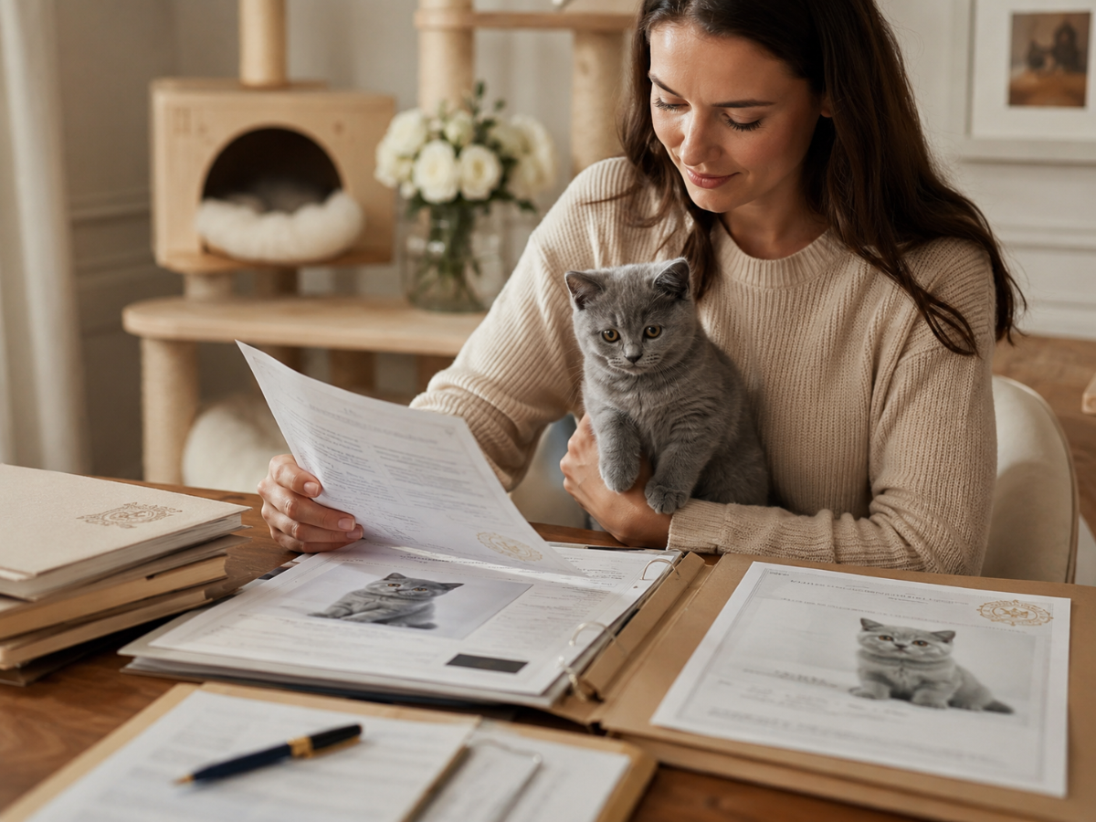 Owner reviewing her British Shorthair kitten's pedigree registration papers at Meowtelier Singapore