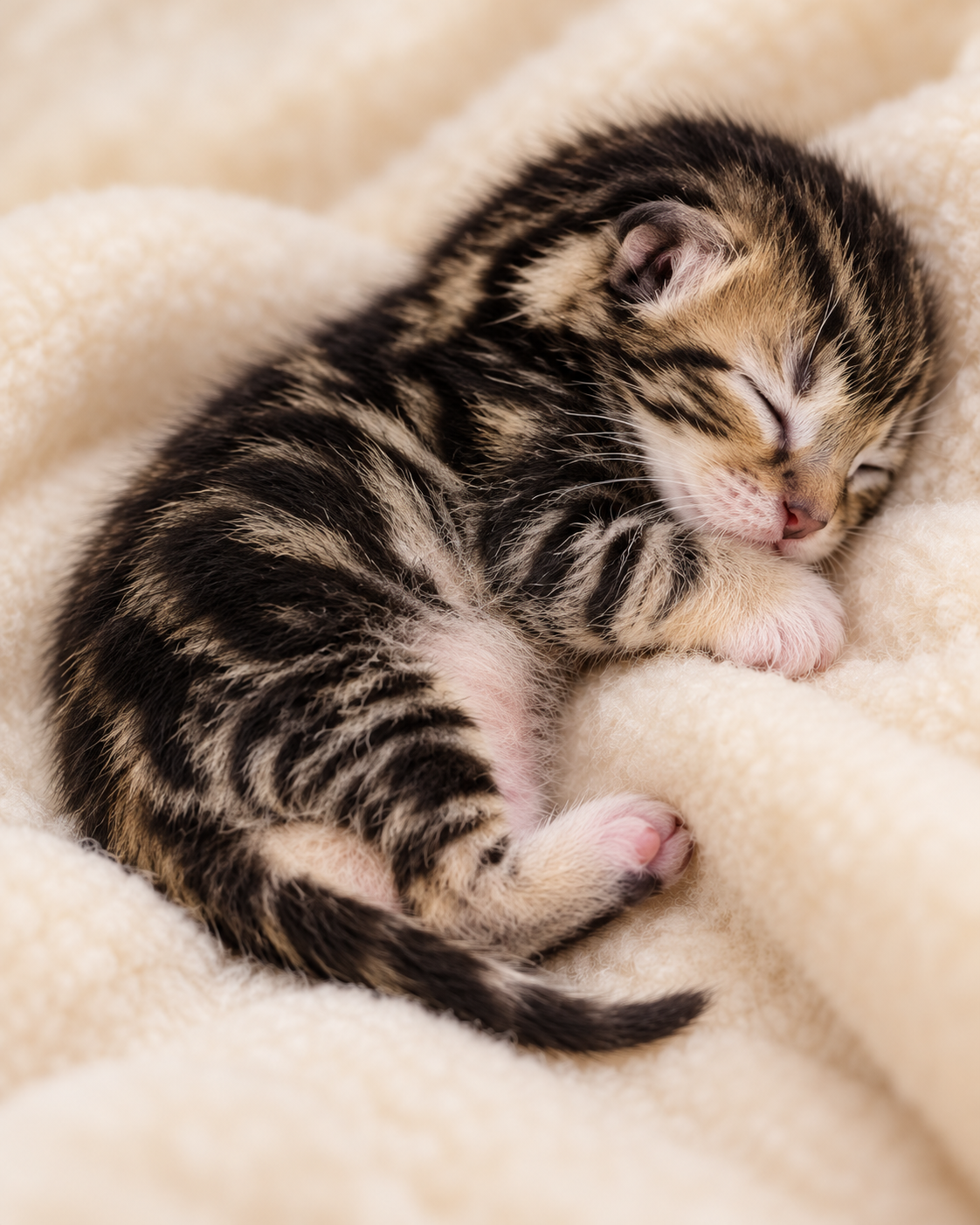 Tiramisu, a newborn black golden tabby British Shorthair kitten, asleep on a soft cream blanket